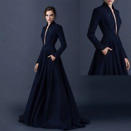 Dresses 2016 New Navy Blue Satin Evening Dresses Paolo Sebastian Dresses Custom Made Beaded Evening Dresses Plunging V Neck Formal Dress