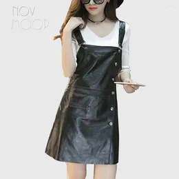 Casual Dresses Korean Style Genuine Leather Real Lambskin Strap Spring Autumn Women Black Slim A-Line Jurken Robe LT2305