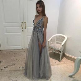 Dresses 2020 Hot Split Evening Dresses Plunging Neckline Crystal Prom Gowns Custom made Tulle Evening Party Dress Real Pictures