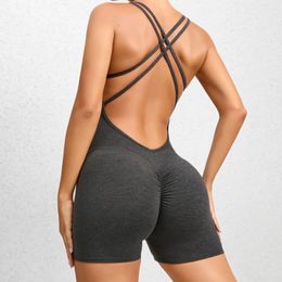 Sexy Backless Scrunch Sporty Tight Jumpsuit Raises Butt Playsuit Women Romper Summer Gym Fitness Short Overalls One Pieces Set 240320