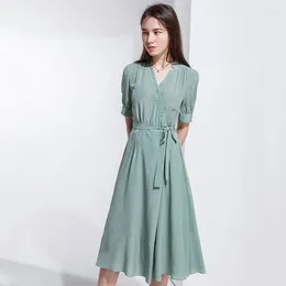 Casual Dresses Green Beige V Neck Silk Women Natural 2024 Summer Long Sexy Office Work Daily Dress Plus Size Slim A Line