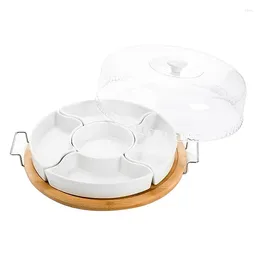 Plates Ceramic Divided Serving Dishes Platter With Clear Lid Bamboo Appetizer Tray Handles 5 Removable Bowls 28.5 X 5Cm