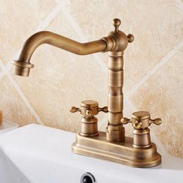 Bathroom Sink Faucets Antique Brass 4" Centerset Two Holes Basin Faucet Mixer Tap Swivel Spout Double Cross Handles Mnf426