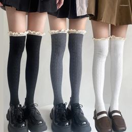 Women Socks Y2K Lace Thigh High Girls Autumn Winter Sweet Knitted Long Japanese Style JK Lolita Black White Stockings