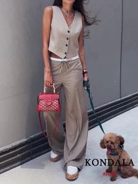 KONDALA Vintage Khaki Office Lady Suit VNeck Single Button Sleeveless Vest High Waist Long Straight Pants Fashion 2023 Autumn 240326