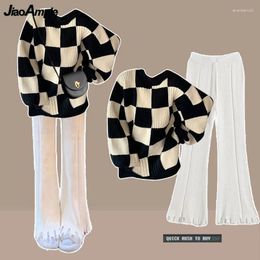 Women's Two Piece Pants 2024 Autumn Winter Women Matching Sets Korean Chic Plaid Loose Sweater White Suits Fashion Tops Trousers Outfits