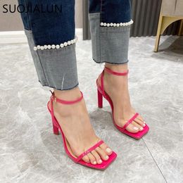 SUOJIALUN Summer Narrow Band Women Sandals Shoes Thin High Heel Square Toe Ladies Ankle Buckle Strap Sexy Dress Pumps S 240328