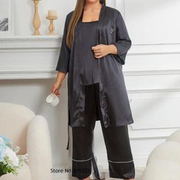 Home Clothing Large Size 3Xl 4Xl Nightwear Women Sleepwear Satin Balck Clothes Three Piece Set Pajamas Sexy Cmai&pant&bathrobe Loungewear