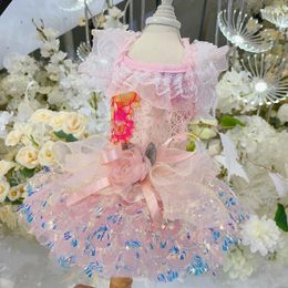 Dog Apparel Sweet Pink Princess Dresses For Small Medium Dogs Pet Puppy Clothes Fashion Soft Hollow Lace Flower Sequin Dress Outfits