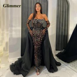 Runway Dresses Glimmer Exquisite Detachable Train Celebrity Rhinestones Mermaid Strapless Tulle Vestido De Formatura Made To Order