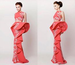 2017 Arabic Evening Dresses Two Pieces Satin Coral Evening Gowns With White Appliques Sheath Peplum Tiered Ruffle Long Prom Dresse4662560