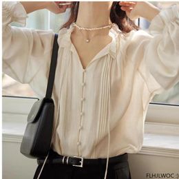 Women's Blouses S Bow Tie Ruffles Tops Blusas 2024 Cute Sweet Girls Chic Korea Fashion Clothes Solid Cotton Blends Women Shirts