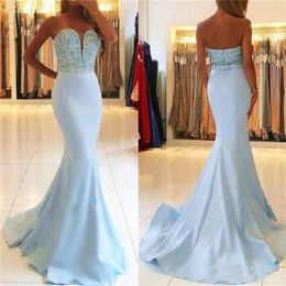 Sexy Light Blue Rhinestones Sleeveless Sash Satin Bridesmaid Prom Dresses Plus Size Sweetheart Mermaid Evening Dresses4865681