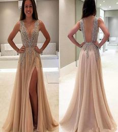 Colour Luxury Beaded Side Split Prom Dresses Deep V Neck See Through Back Party Saudi Arabic Long Evening Dresses Crystal Plus Size3277432