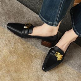 Dress Shoes Chic Design Women Shallow Pumps Square Toe Spring Formal Gold Metal Buckle Decor Med Heels Lady Working Stilettos