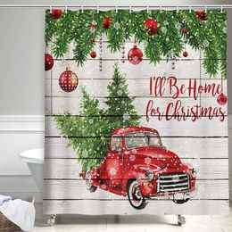 Shower Curtains Colorful Christmas Balls With Pine Fir Tree Farmhouse Fabric Curtain Red Truck Car Snowflake Xmas On Rustic Wooden