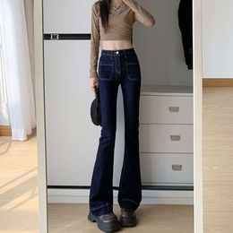 Elastische ausgestellte Hosen 2024 Spring Neue Denim Anti verblassen hohe taillierte Mikro -Flared Denim Damen schlanker Pass- und Schlanker -Hufeisenhosen