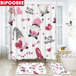 Shower Curtains Valentine's Day Gnome Curtain Romantic Lover Heart Fabric Bathroom Non-Slip Rugs Bath Mat Toilet Lid Cover