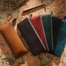 Bags Handmade Genuine Leather Pencil Bag Vintage Retro Style Cowhide Zipper Pen Case School Bag Glasses Case Office Stationery Gift