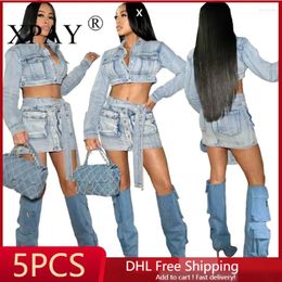 Work Dresses 5pcs Wholesale Bulk Items Sexy Washed Denim Lace Up Stereoscopic Pocket Dress Sets For Women Summer Fashion Skirt Suit X 13267