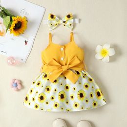 Summer Dress for Kids 024 Months Style Fashion Belt Sunflower Print Princess Formal Splicing of Straps Dresses 240322