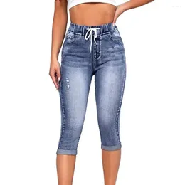 Women's Jeans Women Cropped Elastic High Waist Drawstring Pockets Gradient Slim Ripped Calf-length Colorfast Pantalones De Mujer