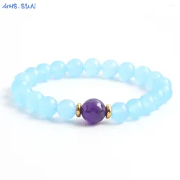 Strand MHS.SUN 8MM Healing Aquamarine Amethyst Natural Stone Beaded Bracelet Stainless Steel Women Handmade Elastic Yoga Charm Jewelry