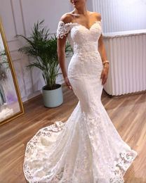 Elegant Mermaid Wedding Dresses Short Sleeves Lace Applique Sweep Train Custom Made Plus Size Wedding Bridal Gown Vestido de novia