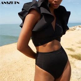 Women's Swimwear ANSZKTN High Waist Swimsuit Beachwear Black Colour Bikini Set Of Two Pieces For Women Ruffle OEM