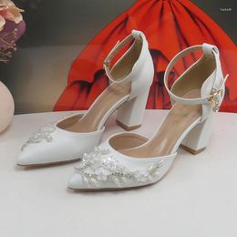 Dress Shoes Pearl White Flower Bridal Wedding Women Pointed Toe Party Ankle Strap Spring Autumn Ladies Shoe High Pumps