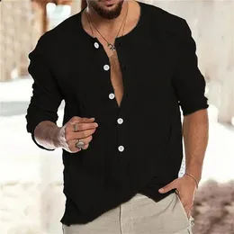 Men's Casual Shirts Men Summer Top Button-down Shirt Vintage Solid Color With Round Neck Long Sleeves Breathable Thin For Spring