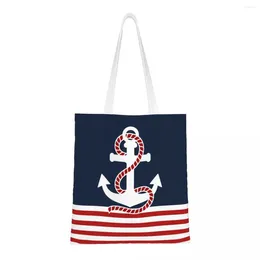 Shopping Bags Custom Nautical Stripes And Red Anchor Canvas Bag Women Durable Groceries Sailing Sailor Shopper Tote