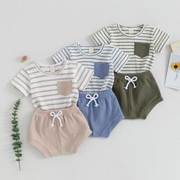 Clothing Sets 0-24months Baby Boys Summer Waffle Clothes Stripe Print Short Sleeve Round Neck T-Shirt With Shorts Infant 2pcs Outfit