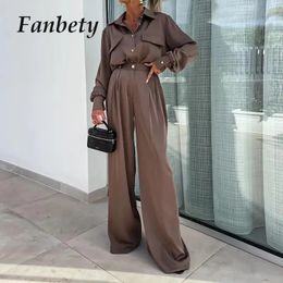 Elegant Women Group Of Pants Set Lady Lapel Button Shirt Top Trousers Outfit Solid Long Sleeve Two Piece Office Suit 240320