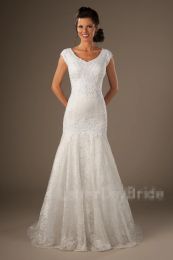 Dresses New Mermaid Long Modest Wedding Dresses With Cap Sleeves V Neck Lace Appliques Vintage Formal Foreast Brdail Gowns Couture Custom