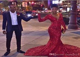 Sexy Bling Sequins Red Mermaid Prom Dresses African 2k16 Black Girl Long Sleeves V Neck Special Occasion Prom Gowns9791923