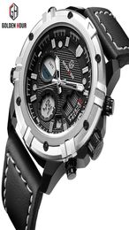 GOLDENHOUR Top Brand Sport Watch Business Men Wristwatch Genuine Leather Strap Mens Saat Waterproof Male Clock Relogio Masculino4682439