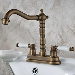 Bathroom Sink Faucets Antique Brass 4" Centerset Two Holes Basin Faucet Mixer Tap Swivel Spout Double Ceramic Levers Mnf427