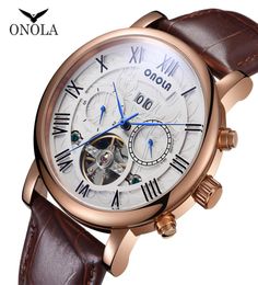 ONOLA Stainless Steel Genuine leather Automatic Mechanical Watch for man Tourbillon Business formol men Watch Relogio Masculino8613054