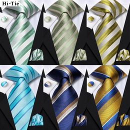 Bow Ties Hi-Tie Striped Green Mens Fashion Necktie Handkerchief Cufflinks For Tuxedo Accessory Classic Silk Luxury Tie Man Gift