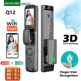 Lock 2023 New Q12 Tuya WiFi Finger Vein Recognition&3D Face Smart Door Lock with Builtin Peephole HD Screen Camera 24H Photo Capture