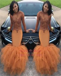 2k18 African Long Sleeve Prom Dresses Tiered Skirts High Neck See through Lace Applique Top Beaded Plus Size Evening Gowns BA80849123288