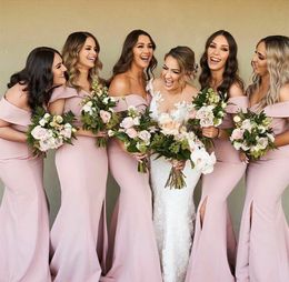 Elegant Long Pink Bridesmaid Dresses With Split Mermaid Matte-Satin Off Shoulder Formal Party Gown Watteau Train Wedding Guests Dresses for Women