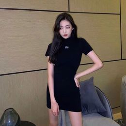 Women's short sleeve black color logo letter print knitted casual bodycon dress SML