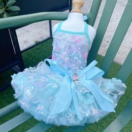 Dog Apparel Puppy Dogs Clothing Blue Small Floral Print Lace Bow Sling Princess Dress For Medium Chihuahua Pet Clothes