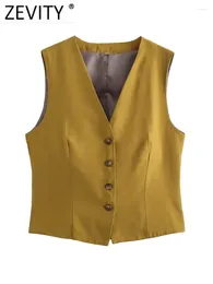 Women's Vests Zevity 2024 Women Fashion V Neck Single Breasted Slim Vest Jacket Office Ladies Sleeveless Business WaistCoat Tops CT289