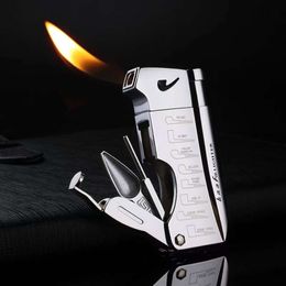Hot Outdoor Windproof Metal Butane Without Gas Turbine Torch Lighter Multifunctional Pipe Spoon Pressure Bar Cigar Lighter High End Gift
