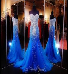 Luxury Blue Mermaid Prom Dresses Pageant with Sweetheart Sleeveless Sweep Train Sparkling Crystal Beading Tulle Formal Evening Dre8299543