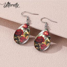 Dangle Earrings 2024 Arrival Vintage Flowers Rose Teardrop Hoop Hook Glass Cabochon Stainless Steel Jewellery