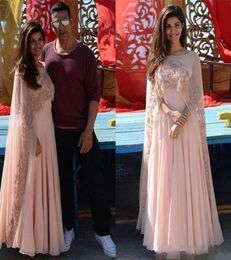 2020 Indian Arabic Kaftan A Line Evening Dresses with Wrap Sheer Cape Chiffon Formal Dress Special Occasion Prom Party Gowns6868756